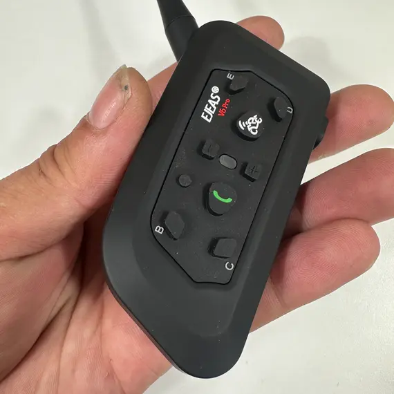 Complete setup of the EJEAS V6 Pro+ Bluetooth headset installed on a motorcycle