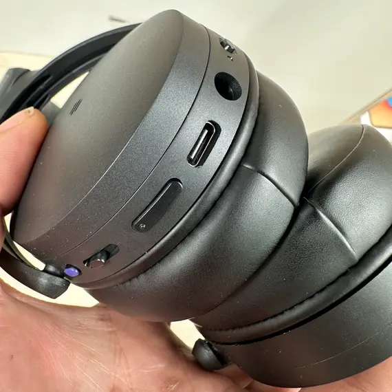 Close-up of Sennheiser Epos Adapt 360 headphones highlighting the sleek over-ear design